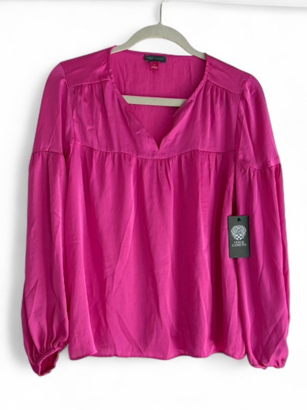 NEW Vince Camuto Hot Pink Silky Long Sleeve Peasant Blouse Size S